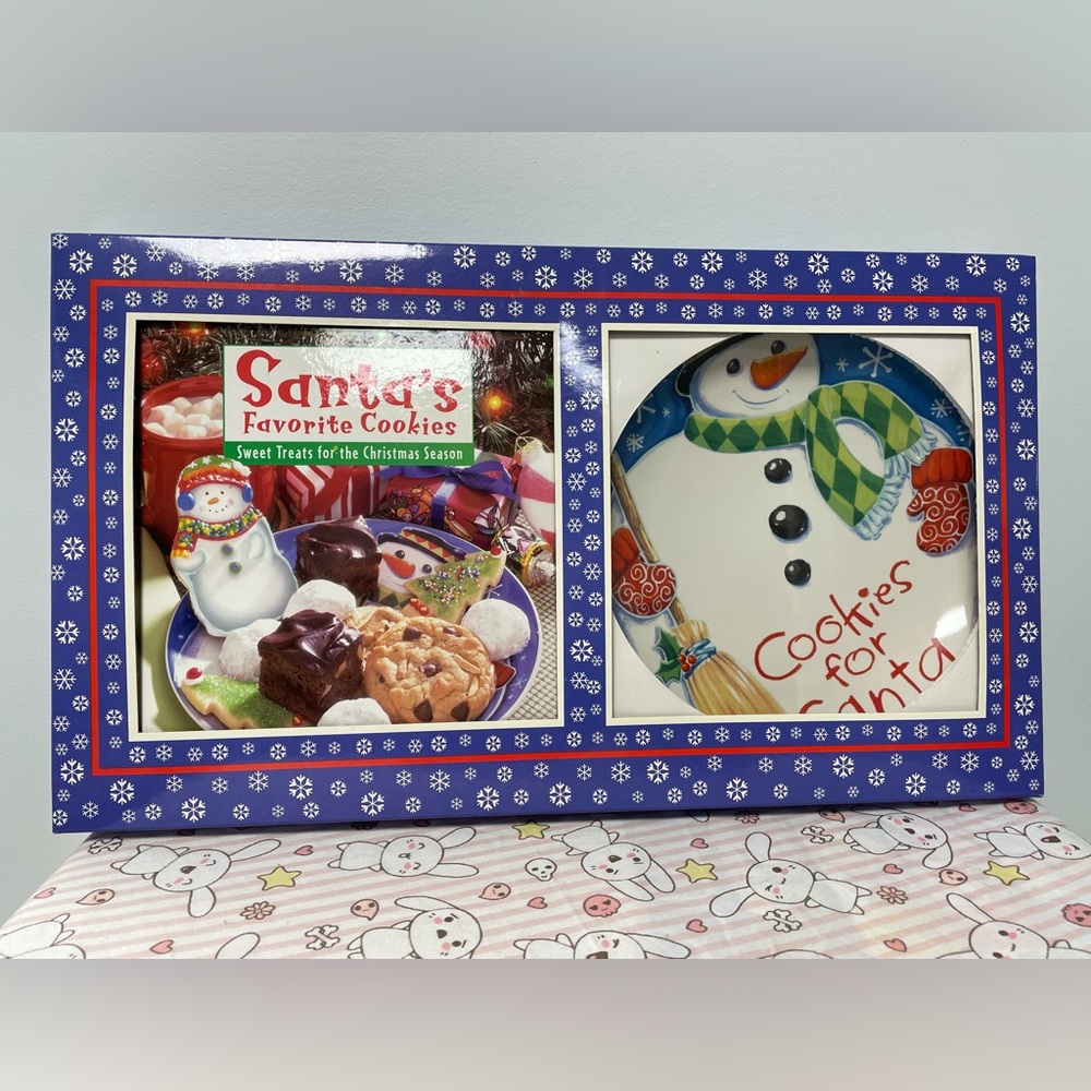 Christmas Cookie Plate and Holiday Recipe Baking Book Set For Santa Snowman